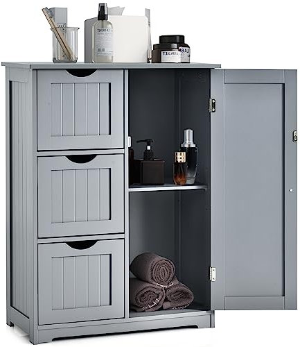 Multigot Bathroom Floor Cabinet, Freestanding Storage Organizer Unit with Adjustable Shelf, 1 Doors & 3/4 Drawers, Wooden Freestanding Cupboard for Entryway Kitchen Living Room(Grey, with 3 Drawer)