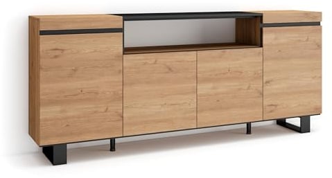 Skraut Home | Buffet Salon et Cuisine | Meuble de Rangement, Commode | 200x87x35cm | 4 Portes | Design Industriel | Style Moderne | Chêne et Noir