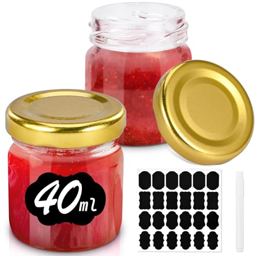 Cieex Kleine Einmachgläser mit Schraubdeckel, 24 Kleine Marmeladengläser 40ml mit Etiketten & Stift, Minigläser für Marmelade und Honig Partygeschenke