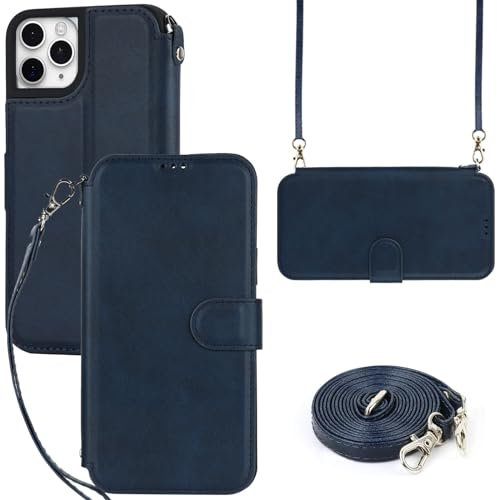Coque pour iPhone 11 Pro avec Cordon Colier - Etui iPhone 11 Pro Portefeuille avec Porte Carte - Housse en Cuir, Etui à Rabat, Pochette de Portefeuille - Étui pour iPhone 11 Pro- Bleu