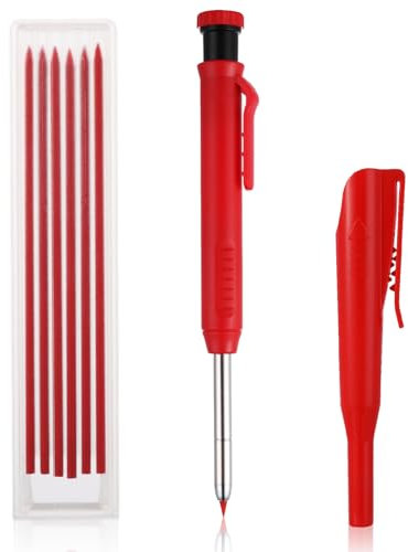 Amabro Tieflochmarker Set, Bleistift Baustelle Tiefloch Bleistift Set Tieflochmarker Bleistift Speedmarker Zimmermannsbleistifte Langlebiger Marker Mit Stifthülle und 6 Ersatzminen(Rot)