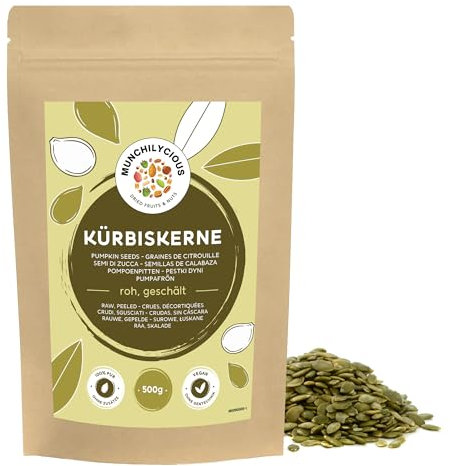 Semi di zucca 500g di Munchilycious, semi di zucca crudi e sbucciati da mangiare, snack alla frutta secca, snack cheto, condimento perfetto per cereali, muesli o porridge per la colazione