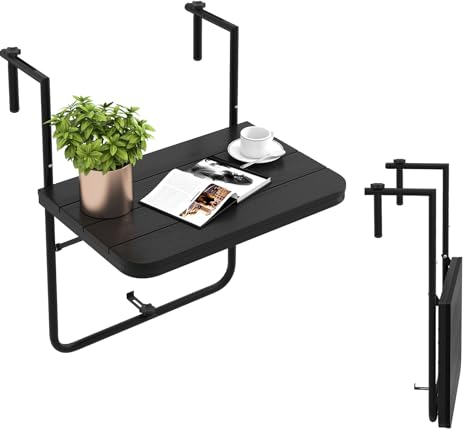 KOMFOTTEU Table de Balcon Suspendue, réglable en 3 Hauteur, Table de Service Pliable, résistante aux Intempéries, Charge de 30 kg, Petite Table Suspendue pour l'Extérieur et l'Intérieur (Noir)