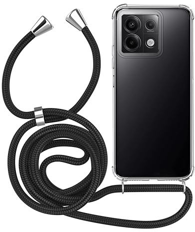 MyGadget Coque Cordon pour Xiaomi Redmi Note 13 Pro 5G | Poco X6 5G - Cover Bumper Silicone Transparent avec Collier - Case Tour de Cou - Protection Anti Choc - Lanière Noir