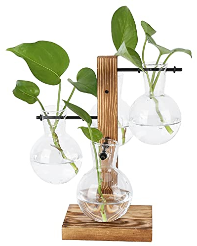Desktop Hydroponics Flower Vase Air Planter Holder with 4 Bulb Beaker Glass Vase and Solid Wood Stand for Home Office Decoration Nordic Modern Light Bulb Ornaments