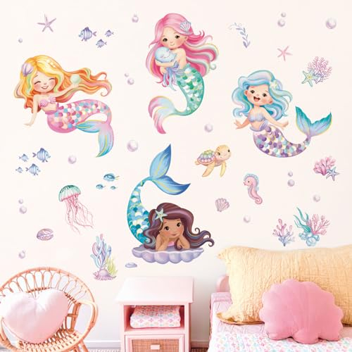 decalmile Wandtattoo Unter dem Meer Meerjungfrau Wandaufkleber Ozean Fisch Schildkröte Wandsticker Mädchen Schlafzimmer Babyzimmer Badezimmer Wanddeko