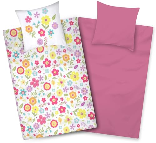 Aminata kids Mädchen Bettwäsche 135x200 Baumwolle Blumen-Motiv pink Blumenwiese Reißverschluss Wendebettwäsche