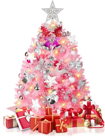 2FT Mini Pink Christmas Tree, Small Christmas Tree with Lights, Prelit Tabletop Christmas Tree with 100 Branch Tips and 60+ DIY Ornaments, Christmas Decorations Indoor and Gifts for Men Women