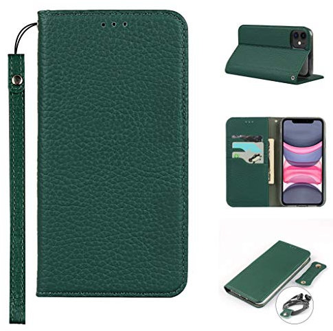 Cavor Phone Case Compatible for iPhone 11 Cover,Genuine Leather Flip Wallet Case,[3 Card Holders][Magnetic Closure][RFID-Blocking][Lanyard] Protective Case - Dark Green