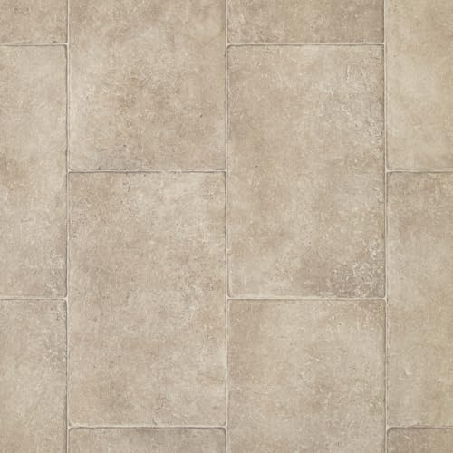 Cream Aged Stone Tile Effect Eclipse Vinyl Flooring 2mm Thick Lino Roll Bathroom Kitchen (2m Wide x 4m Long)