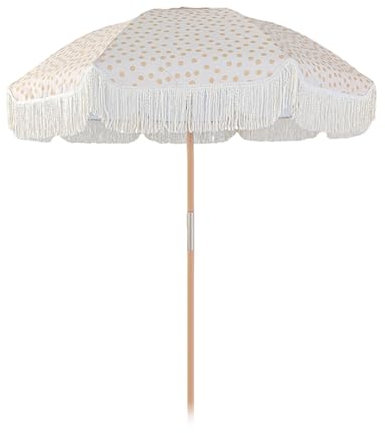 Petit parasol de plage portable de 1,8 m avec frange, pois jaunes, parasol d'extérieur avec protection UV, poteau en bois pliable, auvent ventilé, idéal pour la plage, la terrasse et le jardin