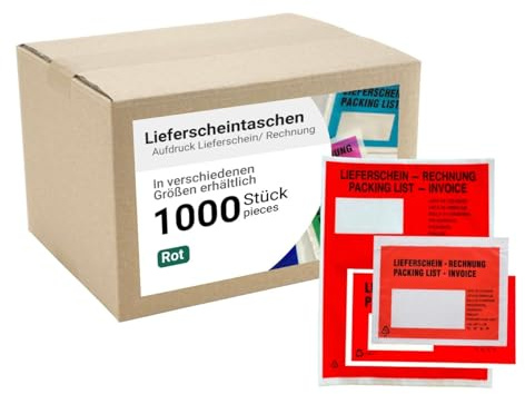 dm-folien Lieferscheintaschen DIN LANG I 1000 Stück I Selbstklebende Versandtaschen mit Aufdruck I Rot-transparente Versandunterlagen für Lieferscheine & Rechnungen I Versandzubehör aus PP