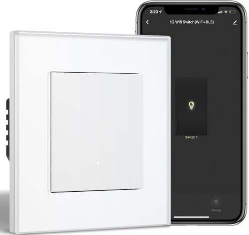 BSEED Smart Interruptor Empotrado de Cristal 1 Gang 1 vía, Interruptor de Botón WiFi Compatible con Alexa/Google Home, Interruptor de Pared Funciona con APP Smart Life/Tuya, Blanco
