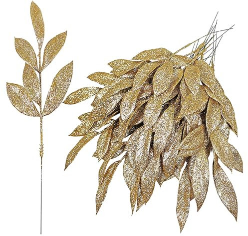 Christmas Glitter Leaves, Gold Leaf Picks, Spray Tree Picks, Gold-Plated for Christmas Tree, DIY, Christmas Wreath, Garland, Vase Filler, Pack of 10 NVu401 (Gold, 32.3 x 10.5 cm)