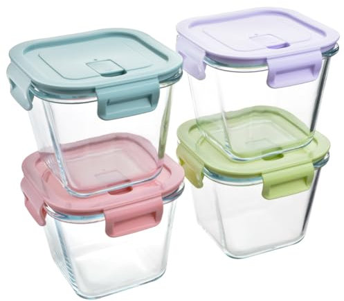 PLECUPE 800ml Glasbehälter mit Deckel, 4er Hohes Borosilikatglas Meal Prep Gläser, Glasschüssel mit deckel, Deli Cups, Frischhaltedosen Glas mit Deckel, für Kühlschrank, Backofen, Mikrowelle