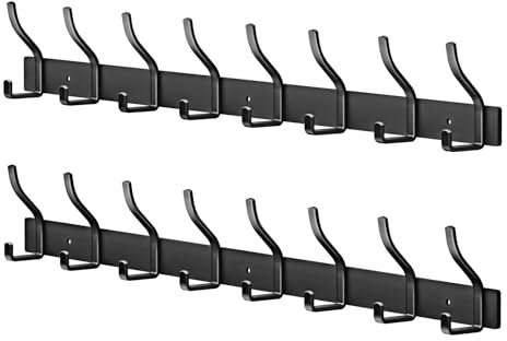 MEIJO Garderobenleiste Schwarz Garderobenhaken Edelstahl Kleiderhaken Wand Wandhaken mit 8 Haken, Hakenleiste Garderobe Wandgarderobe für Schlafzimmer Küche Kleiderständer (Schwarz, 8 Haken 2 Stück)