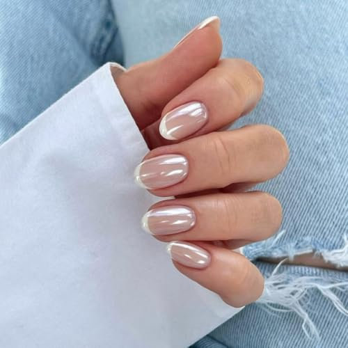 SXVME Chrome White French Tip False Nails, Short Oval, 24 Pieces (1 Set), Acrylic Material, Mirror Effect, Glazing Shine, Nude, Party & Daily Wear