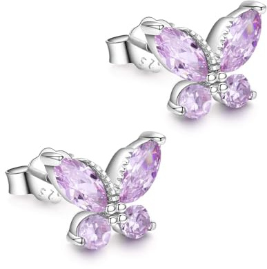 TANGPOET Schmetterling Ohrringe 925 Sterling Silber Klein Schmetterling Ohrstecker mit Lila Zirkonia, Hypoallergene Kinderohrringe, Geburtstag Schmuck Geschenke für Mädchen Tochter