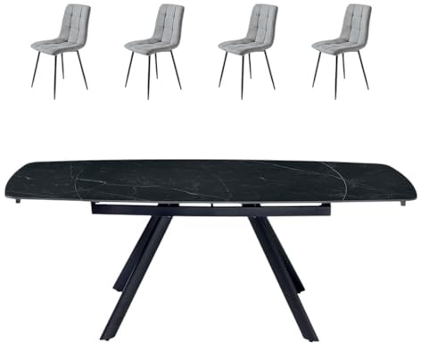 Esstisch-Set, ausziehbar, drehbar, aus Marmor, Keramik, Farbe Schwarz, mit 4 Stühlen aus grauem Stoff, modernes Design, Küchentisch, ovaler Tisch