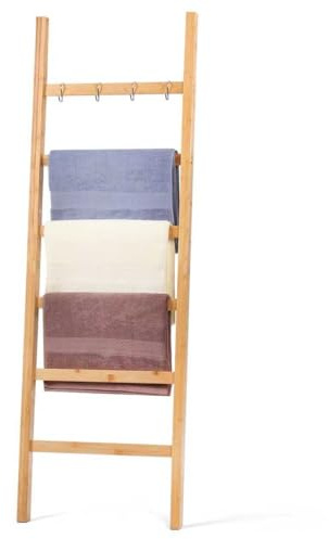 Relquorax Handtuchleiter Bambus, Leiterregal mit 6 Sprossen und 4 Haken, Kleiderleiter Handtuchhalter Handtuchständer für Badezimmer, HxB 170 x 43 cm (Natur)