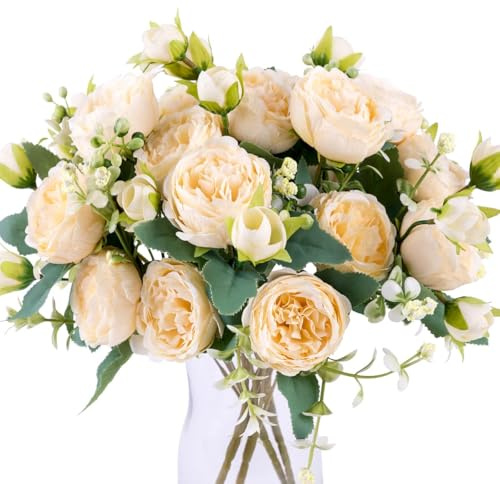 Floweroyal 2 Bündel Pfingstrosen Künstliche Blumen Champagner Blumen Seiden-Pfingstrosen Blumensträuße für Hochzeit Party Tisch-Mittelstücke Blumenarrangement Zuhause Küche Dekoration