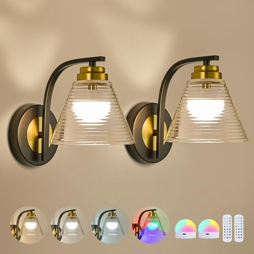Pingxihule Battery Operated Wall Sconces Set of 2,Clear Glass,for Bedroom | Remote Control15 RGB Colors Rechargeable Wall Light Indoor Dimmable Led Cordless Wall Lamp for bedside Living Room
