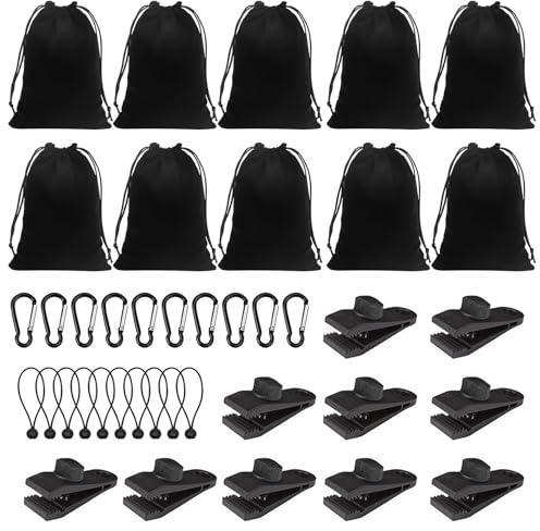 40 pezzi borsa per il peso portatile per tende da gazebo all'aperto 10 tasche per pesi, 10 moschettoni, 10 clip e 10 corde bungee, adatta per il fissaggio di tende esterne, tende, tovaglie, ecc