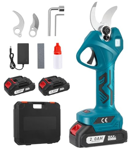 Tijeras de podar eléctricas inalámbricas con 2 baterías de 2000 mAh, Diámetro de corte: 30 mm, 550 W, Pantalla LCD sin escobillas, 1 par de cuchillas de repuesto para ramas, arbustos y troncos