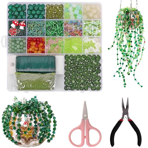 ZYUQFAN 2383 Pcs Green Glass Beads Set, Beaded Plant Kit Forever Plant Kit | DIY Charm Beads Suncatcher for Jewellery Making Crafts Forever Plants Beads with Video Tutorials for Succulent Plants Making