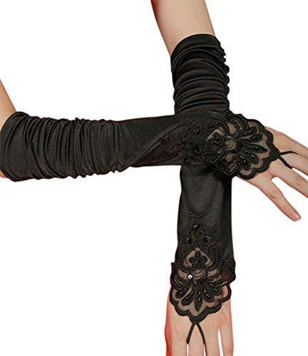 iLoveCos Gants de Mariée Longue et sans Doigts en Dentelle Costume de Flapper pour Les Femmes des années 1920 (Black)
