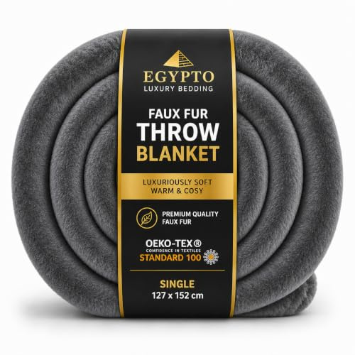 EGYPTO Single Fleece Blanket 127cm x 152cm | Luxury Faux Fur Throws for Sofas | Anti-Allergy Cozy & Soft Throw | Versatile Grey Throw Blanket for Sofa & Bed