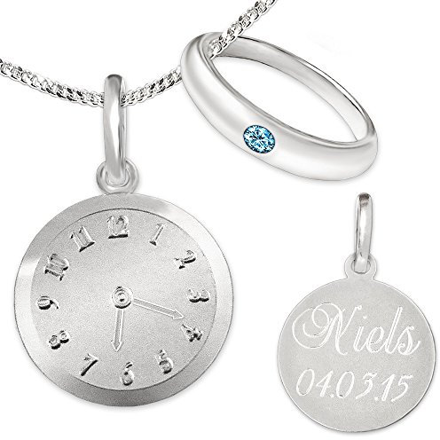 Clever Schmuck Set mit Gravur: Silberner Taufring schlicht hellblau und Anhänger-Uhr, sowie Kette STERLING SILBER 925 mit Etui