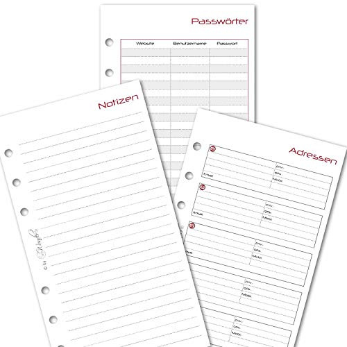 SinnWunder/Planer-Notiz-Set / 50 Blatt/Personal (A6) / BasicSinn | Seiten für Adressen, Kontakte, Notizen, Passwörter, hochwertiges 100g Papier, 96 x 172 mm, für Filofax, Moterm mit 6 Ringen