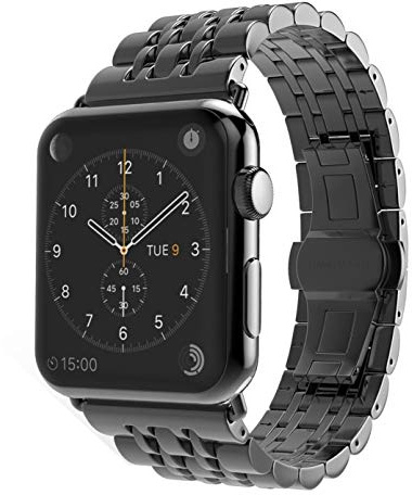 TECHGEAR Watch Band Compatible with Apple Watch Series 8 7 6 5 4 3 2 1 SE Steel Link Bracelet Watch Strap Wrist Band with Butterfly Metal Clasp for 45mm / 44mm / 42mm - Black