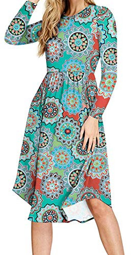 PCEAIIH Women Long Sleeve Polka Dot Casual Tunic Dress Swing Pleated Midi Dress with Pocket (S, Lo-Round Flower Green)