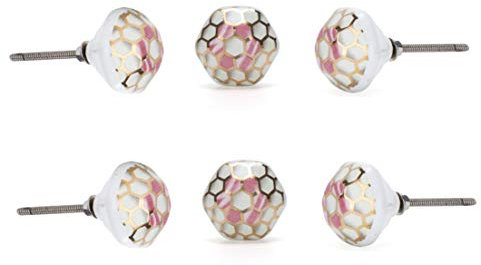Perilla Home Set of 6 Hollyhock Pink Ceramic Knob Round Small Knobs Kitchen Cabinet Cupboard Glass Door Dressser Wardrobe and Drawers Pull Knob