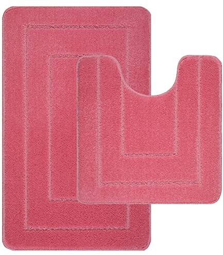 LSC Non Slip Bath Mat 2 Piece Ichra Extra Soft Water Absorbent Bathroom Mats 100% Polypropylene Pedestal Bath Rug Shower Bath Mat Bathroom Rug for Toilet (PINK, 80 x 50 cm (Rectangular))