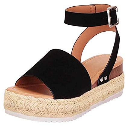 YEARSTAY Damen Sandalen Einfarbig/Leopardenmuster Plateau Espadrille High Heels Keilsandalen Sandaletten Römersandalen für Frauen Schnalle Offenem Zeh Sandals Mädchen Keilabsatz, Schwarz, 34 EU