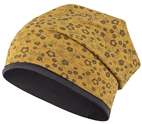 Mädchen Mütze Beanie Übergangsmütze Erdbeeren Blumen Frühling Herbst, Größe: 54/56, Farbe: Senfgelb