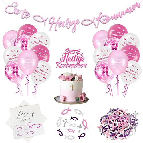 Kommunion Deko Mädchen, Konfirmation Deko Mädchen Taufe Mädchen Deko 20 Stück Servietten 1 Kommunion Girlande 20 Luftballons Rose 72 Holz Fische Kreuz Deko 1 Cake Topper Erstkommunion Deko