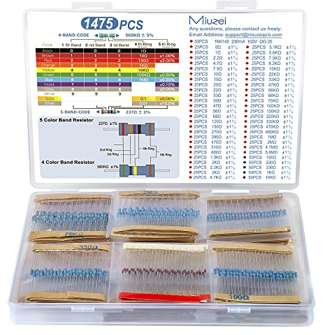 Miuzei 1475 Pièces Assortiment de Résistances Contient 52 Valeurs de Résistances Kit 1/4W ± 1% Film Métallique 0 Ohm to 5,6M Ohm Résistances Set 50 Pièces Switching Diodes Pour Electronique Projet