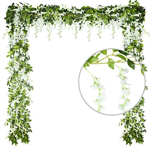 4pcs Vigne de Fleur Artificielle Glycine 2M Guirlande Fleurs Artificielles Vigne Suspendue Tenture Mariage Plafond Fausse Plante Blanc pour Mariage Jardin Maison Arche Voiture Printemps Décoration