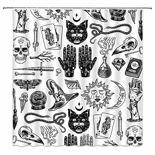 Halloween-Duschvorhang, Gothic-Tarot, Boho, Palmistry, geheimnisvolle Schwarze Katze, Horror, Magie, gruseliger Totenkopf, Sonne, Mond, Vintage, Hexerei, Cooler Stoff, Heimdekoration,