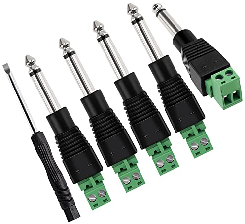KUOQIY 5 Stück 6.35mm TRS Stecker auf Schraubklemmen Adapter, 6.35mm 2-Polig Mono Audio Stecker auf Lötfreien Schraubklemmen, 6.35mm Lötfreier Anschluss für Lautsprecher Mikrofon, mit Schraubendreher