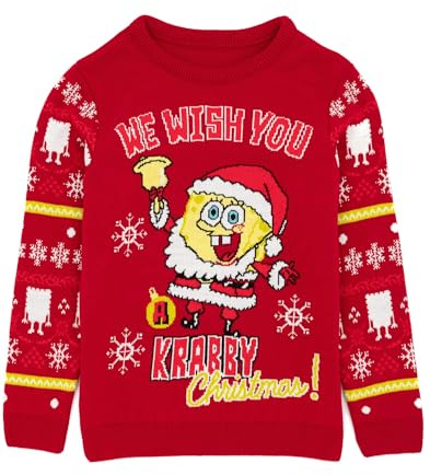 SPONGEBOB SQUAREPANTS Christmas Jumper Kids | Boys Girls Spongebob Santa Krabby Xmas Festive Red Knitted Sweater | Gifts for Him Her 9-10 Years
