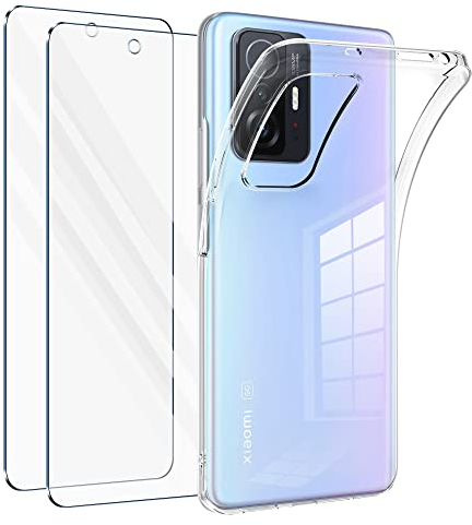 Vauki Funda para Xiaomi 11T/Xiaomi 11T Pro 5G con 2 Protector de Pantalla,Carcasa Silicona Transparente Suave y Cristal Templado,Ultra Fina TPU Antigolpes Case Cover para Xiaomi 11T 5G 6.67