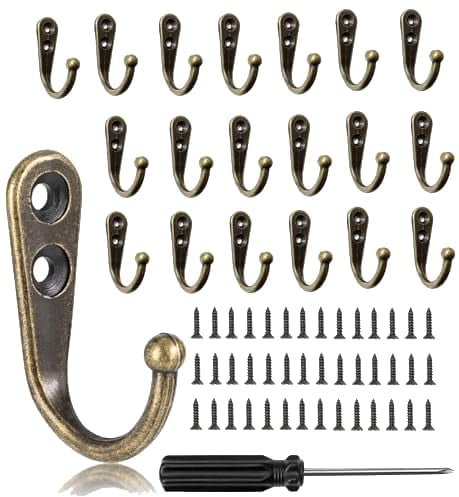 QINGHEC 20 Pcs Small Coat Hooks Wall Mounted - Vintage Single Metal Robe Hooks for Door Hanging Keys Clothes - Brass Hooks with 40 Screws and Screwdriver