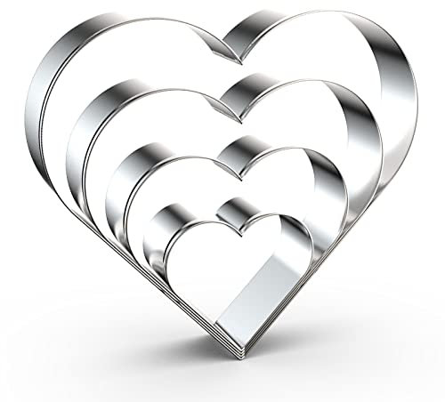 Lot de 4 emporte-pièces en forme de cœur grand/petit/mini - 12,7 cm, 10,2 cm, 7,6 cm, 5,1 cm - Pour la Saint-Valentin - En acier inoxydable