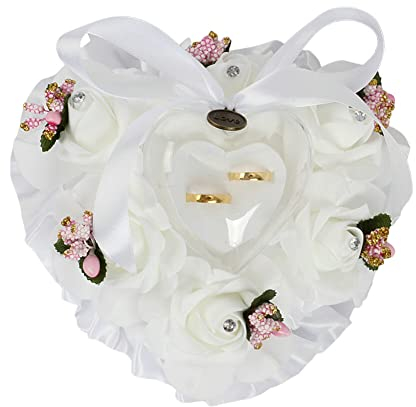 Coussin pour Bagues Mariage, Coussin Porte Alliance en Forme de Coeur, Blanc Roses Coussin D‘alliances, Oreiller Anneau de Mariage, Porteur Coussin Bague, pour Mariage, Fiançailles, Saint-Valentin
