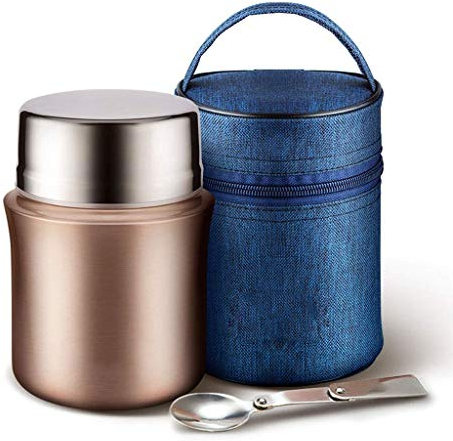Termo de acero inoxidable 700 ml (color: oro), fiambrera, recipiente hermético para alimentos, hermético, con cuchara plegable, bolsa de almacenamiento